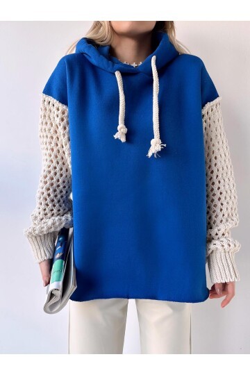 Kadın Kolları Triko Oversize Curve Tasarım Saks Mavi Sweatshirt