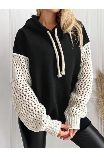 Kadın Kolları Triko Oversize Curve Tasarım Siyah Sweatshirt