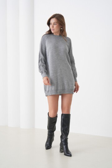 Kadın Kolları Uzun Kendinden Dokulu Bisiklet Yaka Tunik Boy Şık Kışlık Triko Kazak