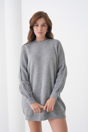 Kadın Kolları Uzun Kendinden Dokulu Bisiklet Yaka Tunik Boy Şık Kışlık Triko Kazak