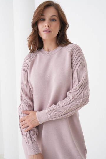 Kadın Kolları Uzun Kendinden Dokulu Bisiklet Yaka Tunik Boy Şık Kışlık Triko Kazak