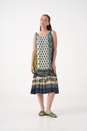 Kadın Kolsuz Desenli Eteği Pileli Büyük Beden Curve Yazlık Askılı Elbise