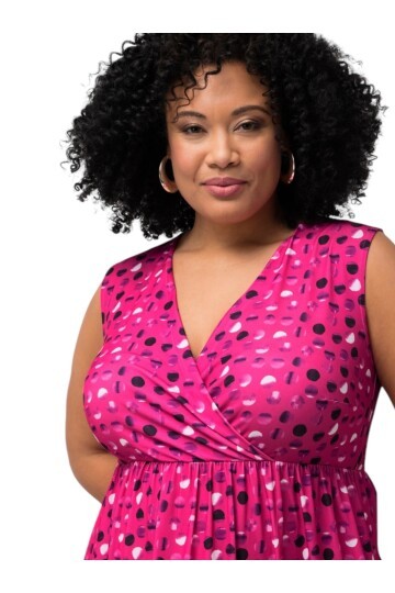 Kadın Kruvaze Yaka Belden Lastikli Kolsuz Desenli Maxi Boy Büyük Beden Curve Şık Elbise