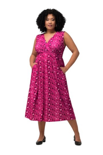 Kadın Kruvaze Yaka Belden Lastikli Kolsuz Desenli Maxi Boy Büyük Beden Curve Şık Elbise