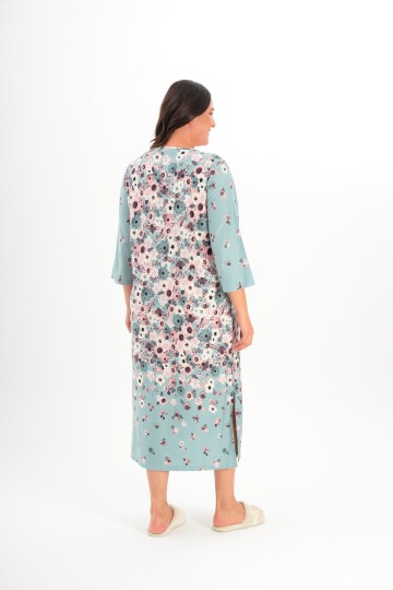 Kadın Kruvaze Yaka Rahat Kesim Truvakar Kol Desenli Viskon Günlük Midi Büyük Beden Elbise Gecelik