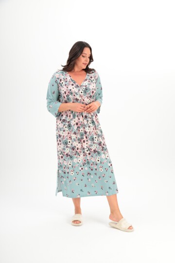 Kadın Kruvaze Yaka Rahat Kesim Truvakar Kol Desenli Viskon Günlük Midi Büyük Beden Elbise Gecelik