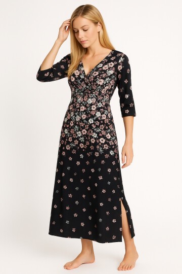 Kadın Kruvaze Yaka Rahat Kesim Truvakar Kol Desenli Viskon Günlük Midi Büyük Beden Elbise Gecelik