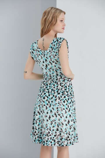 Kadın Leopar Bele Oturan Büzgü Detay Kruvaze Mavi Viskon Elbise