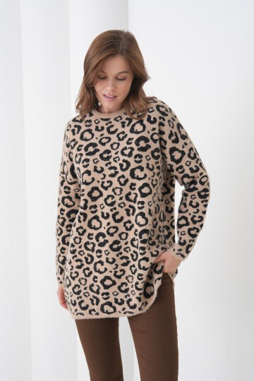 Kadın Leopar Desenli Uzun Kollu Bisiklet Yaka Spor Şık Kışlık Triko Kazak