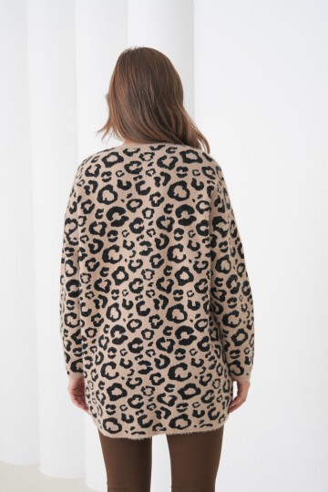 Kadın Leopar Desenli Uzun Kollu Bisiklet Yaka Spor Şık Kışlık Triko Kazak