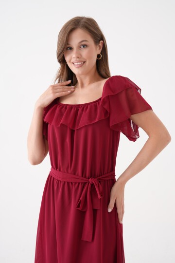 Kadın Madonna Yaka Kayık Omuz Midi Şık Büyük Beden Curve Astarlı Kuşaklı Şifon Elbise