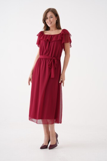 Kadın Madonna Yaka Kayık Omuz Midi Şık Büyük Beden Curve Astarlı Kuşaklı Şifon Elbise