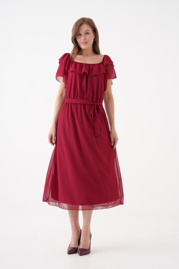 Kadın Madonna Yaka Kayık Omuz Midi Şık Büyük Beden Curve Astarlı Kuşaklı Şifon Elbise