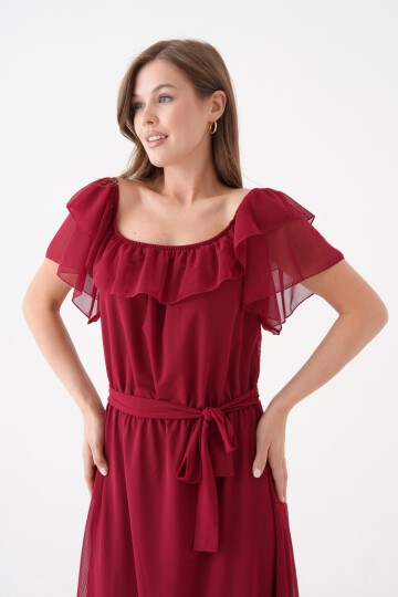 Kadın Madonna Yaka Kayık Omuz Midi Şık Büyük Beden Curve Astarlı Kuşaklı Şifon Elbise