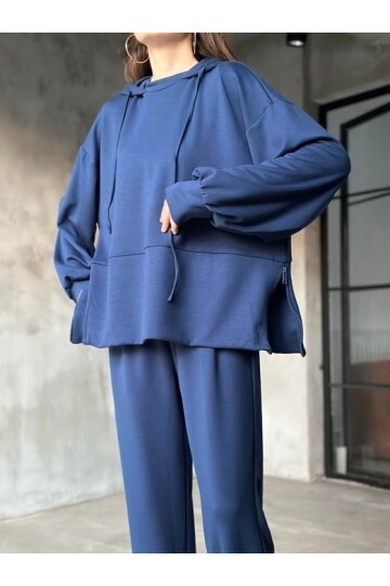 Kadın Oversize Fermuarlı Kapüşonlu Sweatshirt Pileli Paça Tesettüre Uygun Spor Şık Eşofman Takımı