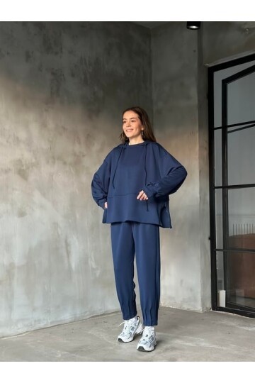 Kadın Oversize Fermuarlı Kapüşonlu Sweatshirt Pileli Paça Tesettüre Uygun Spor Şık Eşofman Takımı