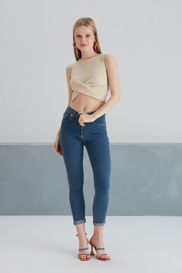 Kadın Önü Düğüm Model Kolsuz Spor Şık Curve Croptop Bluz