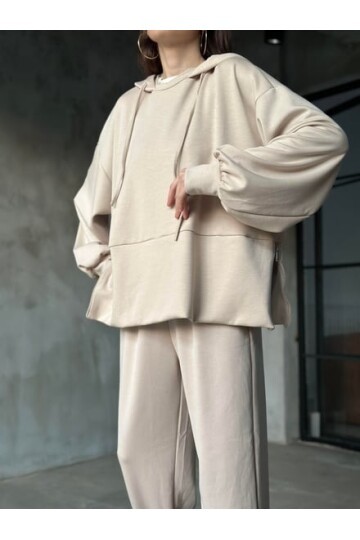 Kadın Oversize Fermuarlı Kapüşonlu Sweatshirt Pileli Paça Tesettüre Uygun Spor Şık Eşofman Takımı