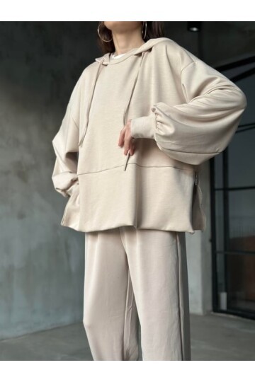 Kadın Oversize Fermuarlı Kapüşonlu Sweatshirt Pileli Paça Tesettüre Uygun Spor Şık Eşofman Takımı