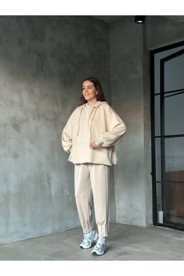 Kadın Oversize Fermuarlı Kapüşonlu Sweatshirt Pileli Paça Tesettüre Uygun Spor Şık Eşofman Takımı