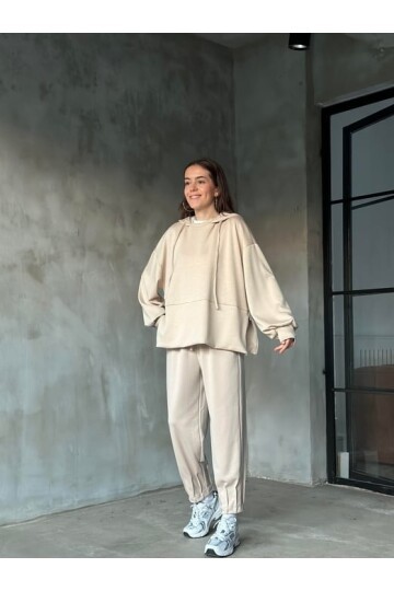 Kadın Oversize Fermuarlı Kapüşonlu Sweatshirt Pileli Paça Tesettüre Uygun Spor Şık Eşofman Takımı