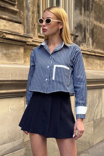 Kadın Özel Tasarım Çizgi Garni Crop Boy Uzun Kol Çift Manşetli Bluz Kısa Gömlek