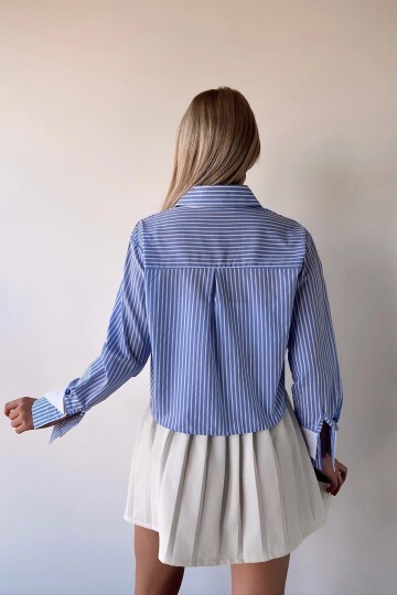 Kadın Özel Tasarım Çizgi Garni Crop Boy Uzun Kol Çift Manşetli Bluz Kısa Gömlek