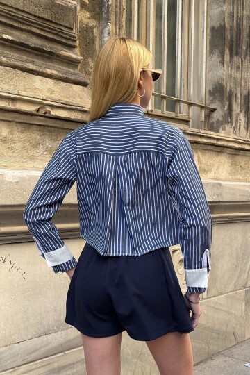 Kadın Özel Tasarım Çizgi Garni Crop Boy Uzun Kol Çift Manşetli Bluz Kısa Gömlek