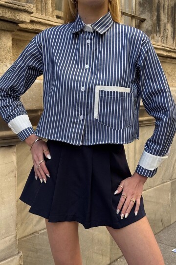 Kadın Özel Tasarım Çizgi Garni Crop Boy Uzun Kol Çift Manşetli Bluz Kısa Gömlek