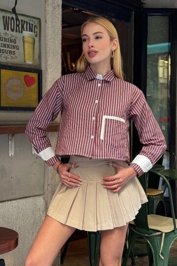 Kadın Özel Tasarım Çizgi Garni Crop Boy Uzun Kol Çift Manşetli Bluz Kısa Gömlek