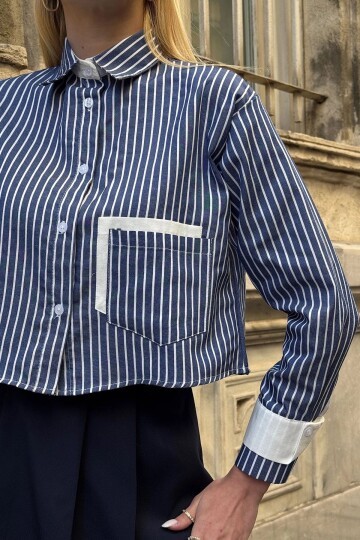 Kadın Özel Tasarım Çizgi Garni Crop Boy Uzun Kol Çift Manşetli Bluz Kısa Gömlek