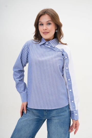 Kadın Özel Tasarım Yaka Kol Düğmeli Çizgi Garnili Bluz Boy  Pamuk Gömlek