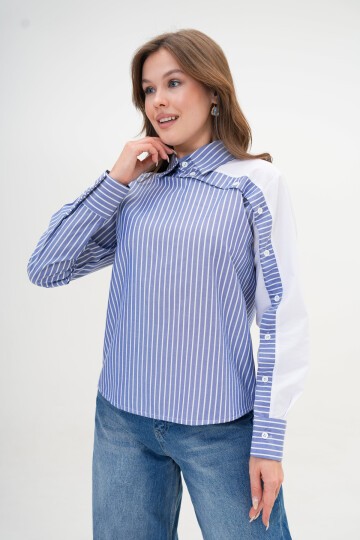 Kadın Özel Tasarım Yaka Kol Düğmeli Çizgi Garnili Bluz Boy  Pamuk Gömlek