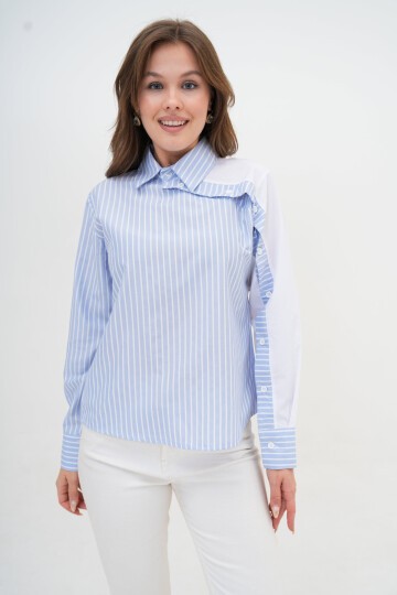Kadın Özel Tasarım Yaka Kol Düğmeli Çizgi Garnili Bluz Boy  Pamuk Gömlek