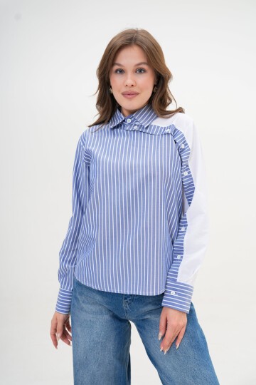 Kadın Özel Tasarım Yaka Kol Düğmeli Çizgi Garnili Bluz Boy  Pamuk Gömlek