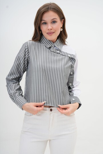 Kadın Özel Tasarım Yaka Kol Düğmeli Çizgi Garnili Crop Boy Bluz Gömlek