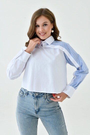 Kadın Özel Tasarım Yaka Kol Düğmeli Çizgi Garnili Crop Boy Bluz Gömlek