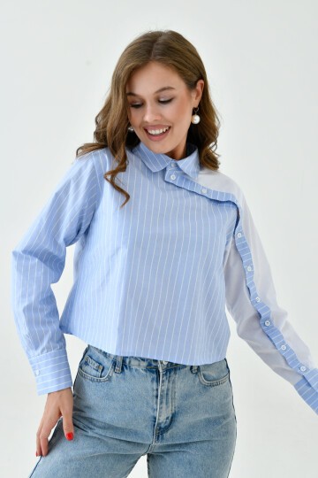 Kadın Özel Tasarım Yaka Kol Düğmeli Çizgi Garnili Crop Boy Bluz Gömlek