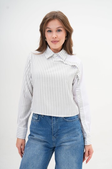 Kadın Özel Tasarım Yaka Kol Düğmeli Çizgi Garnili Crop Boy Bluz Gömlek