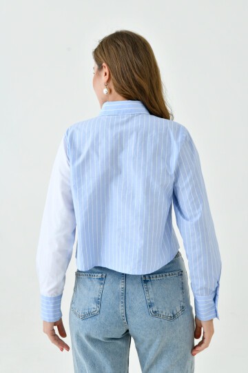 Kadın Özel Tasarım Yaka Kol Düğmeli Çizgi Garnili Crop Boy Bluz Gömlek