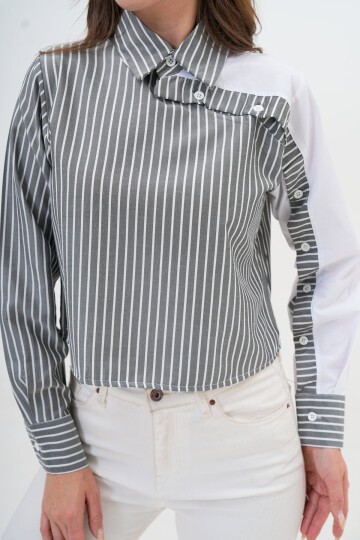 Kadın Özel Tasarım Yaka Kol Düğmeli Çizgi Garnili Crop Boy Bluz Gömlek