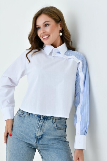 Kadın Özel Tasarım Yaka Kol Düğmeli Çizgi Garnili Crop Boy Bluz Gömlek