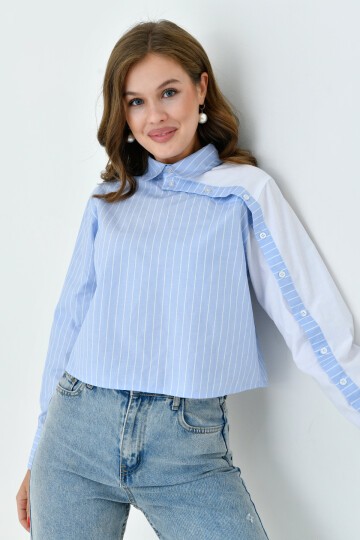 Kadın Özel Tasarım Yaka Kol Düğmeli Çizgi Garnili Crop Boy Bluz Gömlek