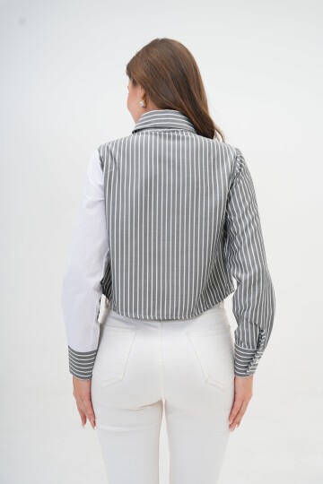 Kadın Özel Tasarım Yaka Kol Düğmeli Çizgi Garnili Crop Boy Bluz Gömlek