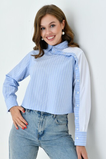 Kadın Özel Tasarım Yaka Kol Düğmeli Çizgi Garnili Crop Boy Bluz Gömlek