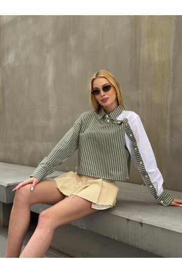 Kadın Özel Tasarım Yaka Koldan Giymeli Düğmeli Çizgi Garnili Crop Boy Tesettüre Uygun Bluz Gömlek