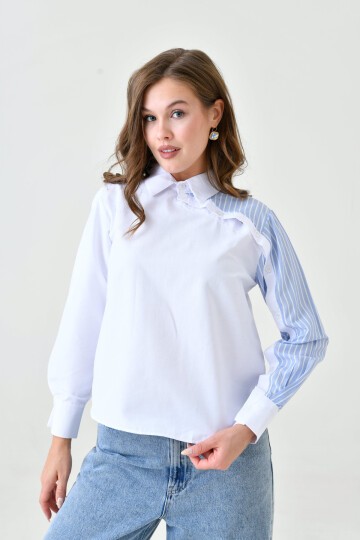 Kadın Özel Tasarım Yaka Kol Düğmeli Çizgi Garnili Tesettüre Uygun Bluz Gömlek