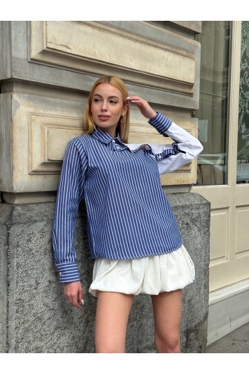 Kadın Özel Tasarım Yaka Kol Düğmeli Çizgili Garnili Bluz Boy Pamuk Curve Şık Gömlek