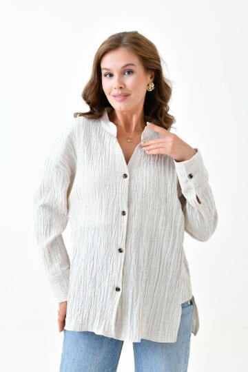 Kadın Pamuk Keten Baharlık Asimetrik Kesim Oversize Spor Şık Dokulu Ceket Gömlek