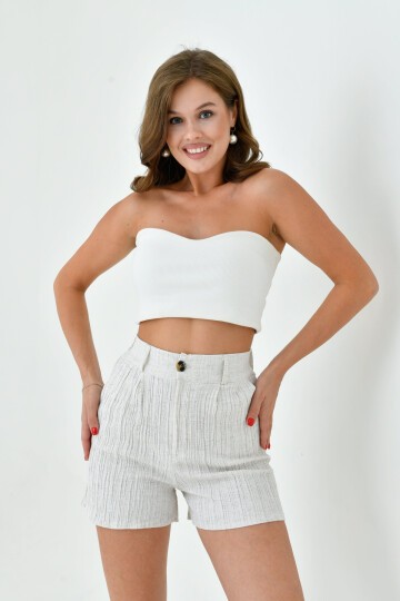 Kadın Pamuk Keten Çizgili ve Dokulu Baharlık Spor Şık Keten Şort